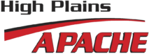 high plains apache logo. Words with black and red line running through them.