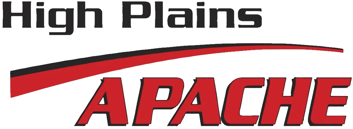 high plains apache logo. Words with black and red line running through them.
